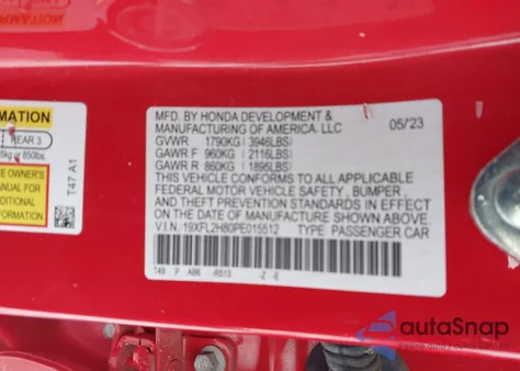 2023 Honda Civic Sport z USA, uszkodzony, nr VIN 19XFL2H80PE015512